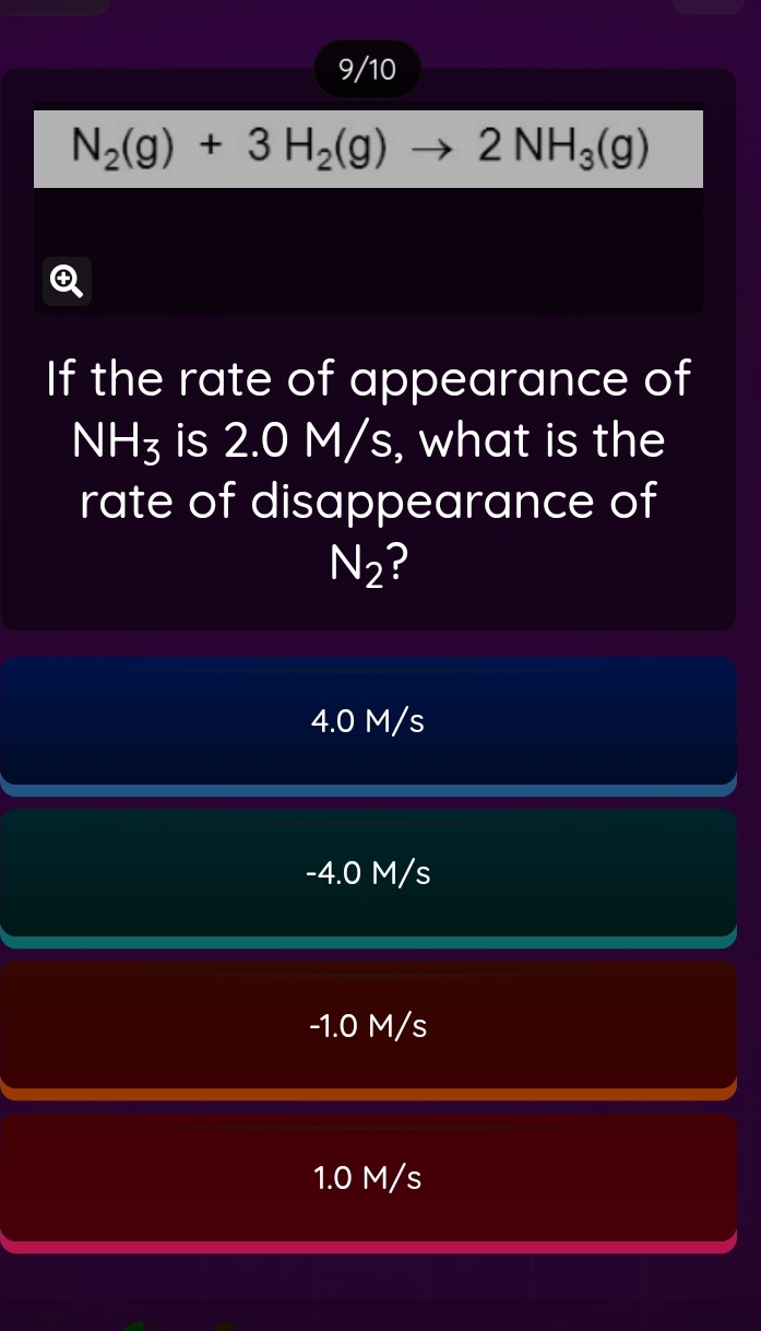 9/10
N_2(g)+3H_2(g)to 2NH_3(g)
If the rate of appearance of
NH_3 is 2.0 M/s, what is the
rate of disappearance of
N_2
4.0 M/s
-4.0 M/s
-1.0 M/s
1.0 M/s