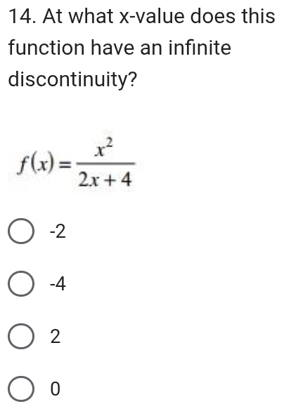 At what x -value does this
function have an infinite
discontinuity?
f(x)= x^2/2x+4 
-2
-4
2
0