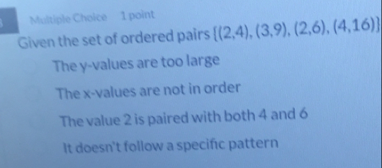 Given the set of ordered pairs  (2,4),(3,9),(2,6),(4,16)
The y -values are too large
The x -values are not in order
The value 2 is paired with both 4 and 6
It doesn't follow a specifıc pattern