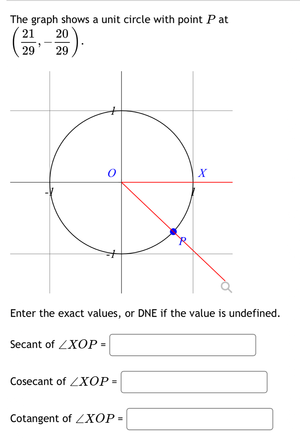 The graph shows a unit circle with point P at
( 21/29 ,- 20/29 ). 
Enter the exact values, or DNE if the value is undefined. 
Secant of ∠ XOP=□
Cosecant of ∠ XOP=□
Cotangent of ∠ XOP=□