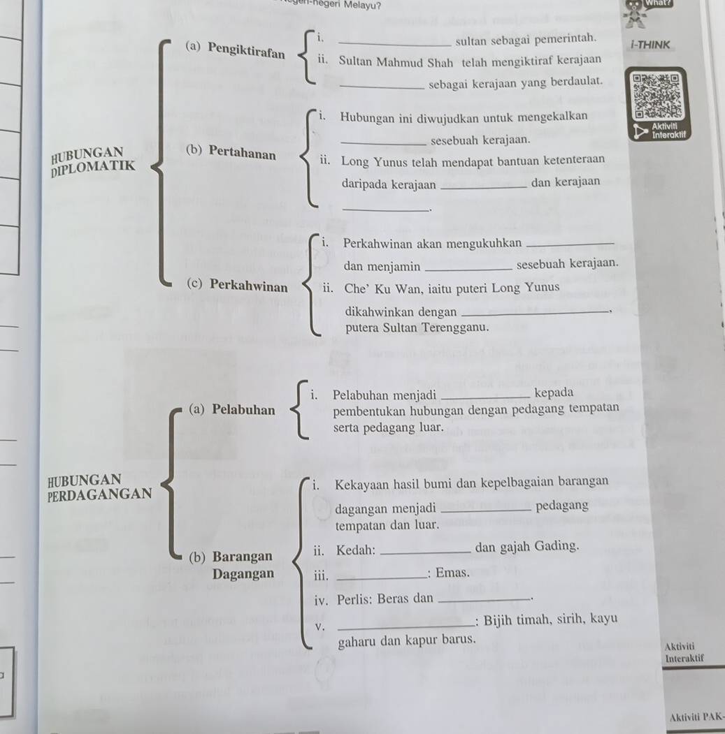gen-hegeri Melayu? What? 
_sultan sebagai pemerintah. i-THINK 
(a) Pengiktirafan ii. Sultan Mahmud Shah telah mengiktiraf kerajaan 
_sebagai kerajaan yang berdaulat. 
1. Hubungan ini diwujudkan untuk mengekalkan 
_sesebuah kerajaan. Interaktit 
HUBUNGAN (b) Pertahanan ii. Long Yunus telah mendapat bantuan ketenteraan 
DIPLOMATIK 
daripada kerajaan _dan kerajaan 
_ 
. 
< Perkahwinan akan mengukuhkan_ 
dan menjamin _sesebuah kerajaan. 
(c) Perkahwinan ii. Che’ Ku Wan, iaitu puteri Long Yunus 
dikahwinkan dengan _, 
_ 
putera Sultan Terengganu. 
_ 
1 Pelabuhan menjadi _kepada 
(a) Pelabuhan pembentukan hubungan dengan pedagang tempatan 
_ 
serta pedagang luar. 
_ 
HUBUNGAN 
i. 
PERDAGANGAN Kekayaan hasil bumi dan kepelbagaian barangan 
dagangan menjadi _pedagang 
tempatan dan luar. 
_ 
(b) Barangan ii. Kedah: _dan gajah Gading. 
_ 
Dagangan iii. _: Emas. 
iv. Perlis: Beras dan _. 
v . _: Bijih timah, sirih, kayu 
gaharu dan kapur barus. Aktiviti 
Interaktif 
Aktiviti PAK-