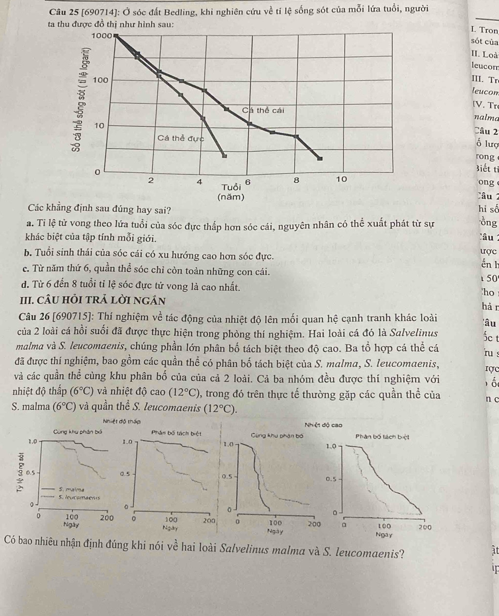 [690714]: Ở sóc đất Bedling, khi nghiên cứu về tỉ lệ sống sót của mỗi lứa tuổi, người
ta thu được đồ thị như hình sau:
1000
I. Tron
sót của
II. Loài
leucom
100 III. Tr
leucom
B 10
[V. Tr
Cá thể cái
nalma
Câu 2
Cá thể đực
ố lượ
rong
0
Biết tỉ
2 4 Tuổi 6 8 10 ong 
(năm)
Câu 2
Các khẳng định sau đúng hay sai? hi số
a. Ti lệ tử vong theo lứa tuổi của sóc đực thấp hơn sóc cái, nguyên nhân có thể xuất phát từ sự ồng
khác biệt của tập tính mỗi giới.   â u
b. Tuổi sinh thái của sóc cái có xu hướng cao hơn sóc đực. ược
ến h
c. Từ năm thứ 6, quần thể sóc chỉ còn toàn những con cái.
50
d. Từ 6 đến 8 tuổi tỉ lệ sóc đực tử vong là cao nhất.
ho 
III. CÂU HỏI tRẢ LờI nGắn
hàn
Câu 26 [690715]: Thí nghiệm về tác động của nhiệt độ lên mối quan hệ cạnh tranh khác loài âu
của 2 loài cá hồi suối đã được thực hiện trong phòng thí nghiệm. Hai loài cá đó là Salvelinus ốc t
malma và S. leucomaenis, chúng phần lớn phân bố tách biệt theo độ cao. Ba tổ hợp cá thể cá ru s
đã được thí nghiệm, bao gồm các quần thể có phân bố tách biệt của S. malma, S. leucomaenis, rợc
và các quần thể cùng khu phân bố của của cả 2 loài. Cả ba nhóm đều được thí nghiệm với  ố
nhiệt độ thấp (6°C) và nhiệt độ cao (12°C) , trong đó trên thực tế thường gặp các quần thể của n c
S. malma (6°C) và quần thể S. leucomaenis (12°C).
Nhiệt độ thấp Nhiệt độ cao
Cùng khu phân bố Cùng khu phận bố Phân bố tách biệt
1.0 1.0 1,0
0.5 0.5
0.5
S. malma
S. leucomaents
。
。
。
0 100 200 0 100 200
Ngày 1 0 0 200
Ngày Ngay
Có bao nhiêu nhận định đúng khi nói về hai loài Salvelinus malma và S. leucomaenis?
àt