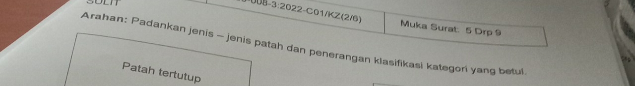 SOLTT
3:2022 2-C01/KZ(2/6)
Muka Surat: 5 Drp 9
Arahan: Padankan jenis - jenis patah dan penerangan klasifikasi kategori yang betul 
Patah tertutup