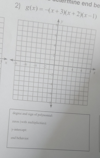 determine end be 
2) g(x)=-(x+3)(x+2)(x-1)
x
degree and sign of polynomial: 
zeros (with multiplicities): 
y-intercept: 
end behavior: