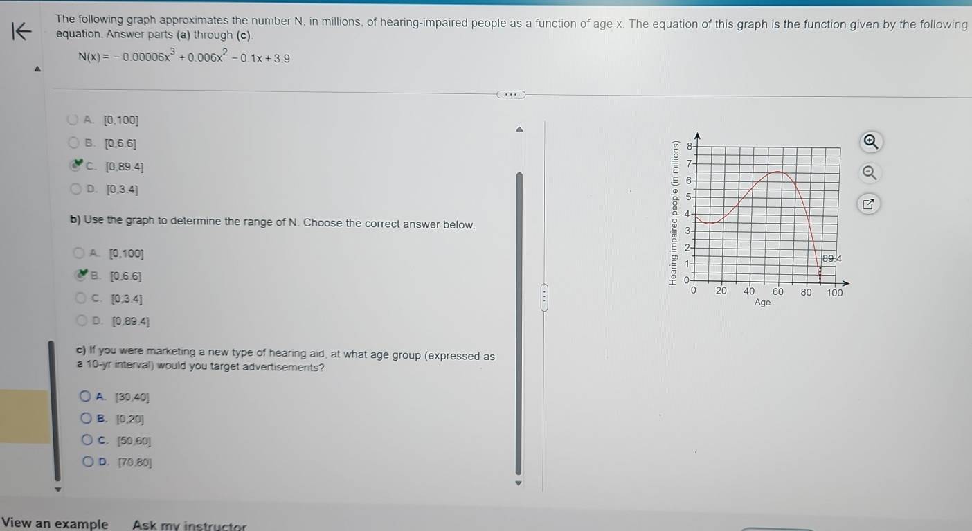 The following graph approximates the number N, in millions, of hearing-impaired people as a function of age x. The equation of this graph is the function given by the following
equation. Answer parts (a) through (c)
N(x)=-0.00006x^3+0.006x^2-0.1x+3.9
A. [0.100]
B. [0,6.6]
C. [0.89.4]
D. [0.3.4]
b) Use the graph to determine the range of N. Choose the correct answer below.
A. [0,100]
B. [0,6.6]
C. [0,3.4]
D. [0.89.4]
c) If you were marketing a new type of hearing aid, at what age group (expressed as
a 10-yr interval) would you target advertisements?
A. [30,40]
[0,20]
C. [50,60]
D. [70.80]
View an example Ask my instructor