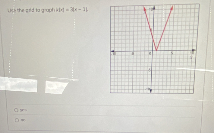 Use the grid to graph k(x)=3|x-1|.
yes
no