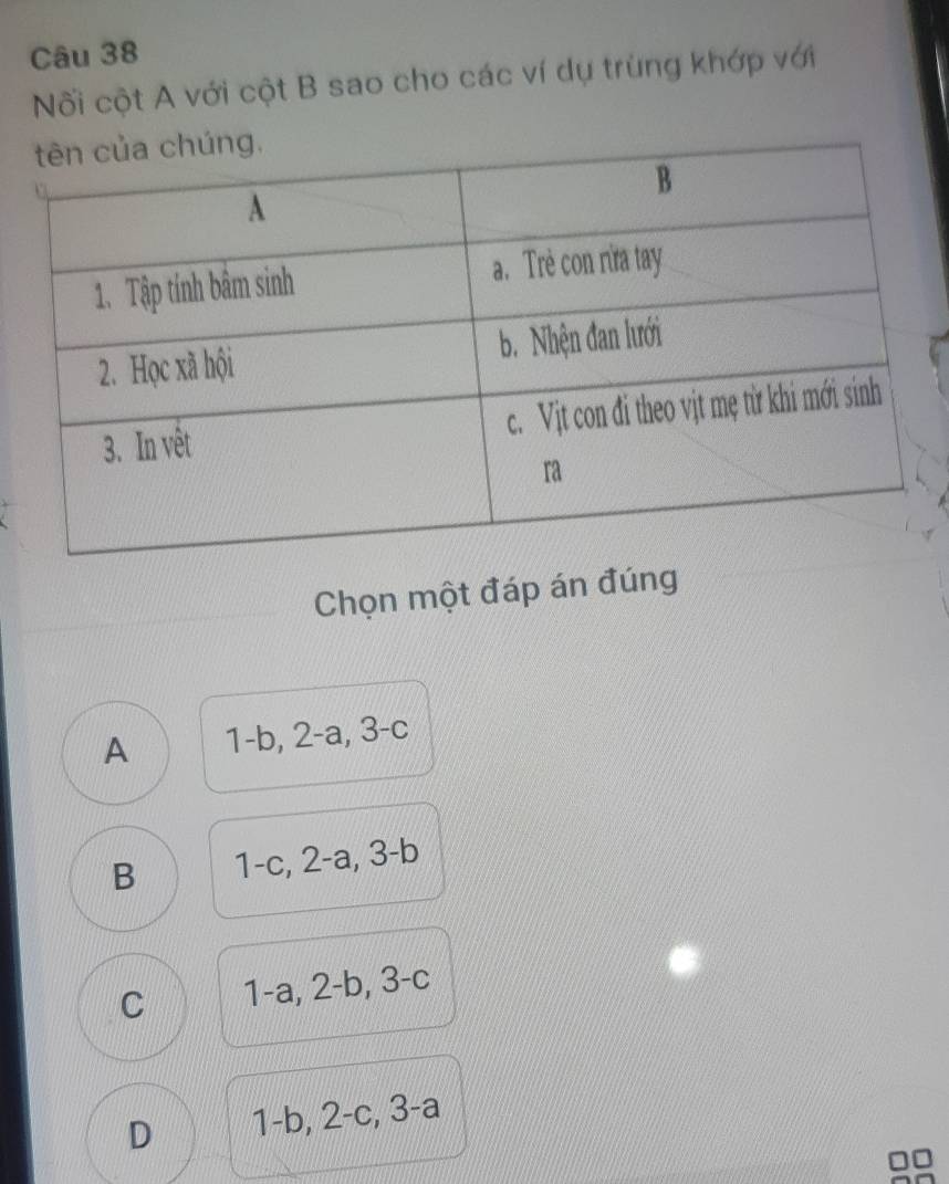 Nối cột A với cột B sao cho các ví dụ trùng khớp với
Chọn một đáp án đúng
A 1-b, 2-a, 3-c
B 1-c, 2-a, 3-b
C 1-a, 2-b, 3-c
D 1-b, 2-c, 3-a