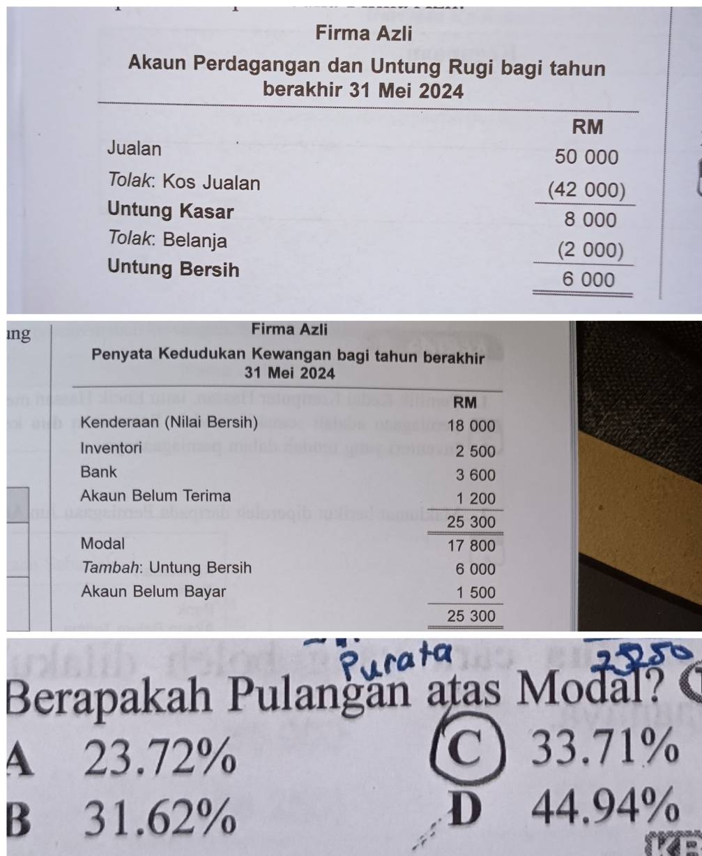 Firma Azli
Akaun Perdagangan dan Untung Rugi bagi tahun
berakhir 31 Mei 2024
RM
Jualan
Tolak: Kos Jualan
Untung Kasar beginarrayr 50.000 _ (42.000 _ 000 _ 02000 _ 0,000 _ 000endarray
Tolak: Belanja
Untung Bersih
ing
Firma Azli
Penyata Kedudukan Kewangan bagi tahun berakhir
31 Mei 2024
RM
Kenderaan (Nilai Bersih) 18 000
Inventori
Bank
Akaun Belum Terima
Modal
Tambah: Untung Bersih
Akaun Belum Bayar
beginarrayr 28,960 3,9,00 hline 1,00 2,200 hline 0,300 hline 0,000 hline 200 hline endarray
Berapakah Pulangan atas Modal?
A 23.72%
C 33.71%
B 31.62% D 44.94%