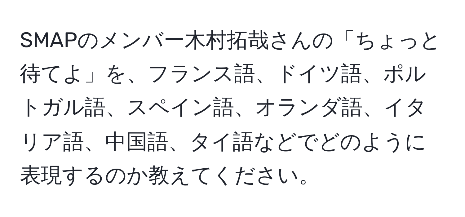 SMAPのメンバー木村拓哉さんの「ちょっと待てよ」を、フランス語、ドイツ語、ポルトガル語、スペイン語、オランダ語、イタリア語、中国語、タイ語などでどのように表現するのか教えてください。