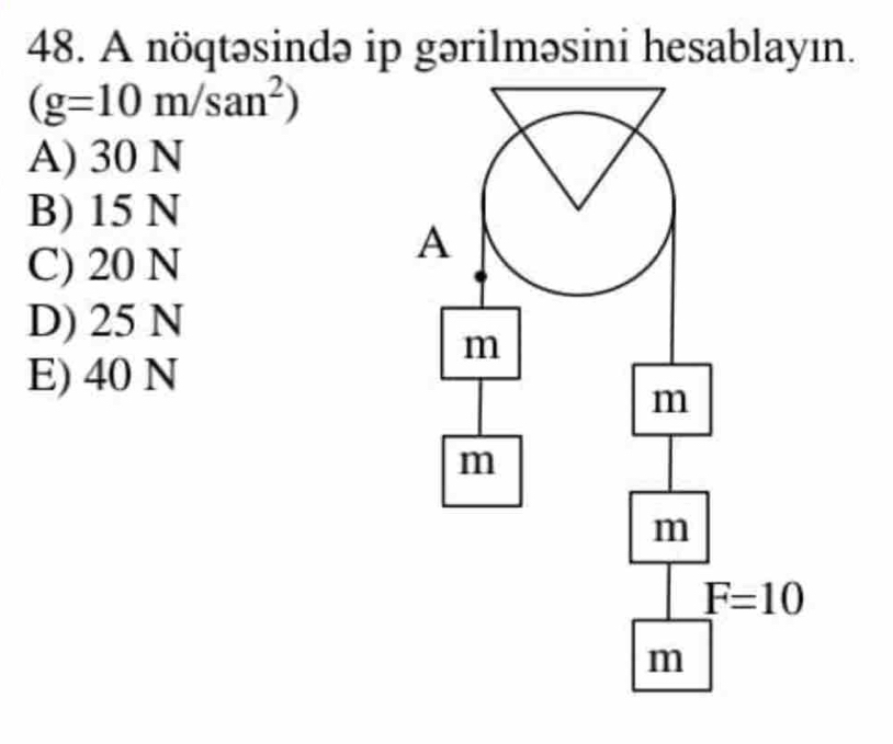 A nöqtəsində ip gərilməsini hesablayın.
(g=10m/san^2)
A) 30 N
B) 15 N
C) 20 N
D) 25 N
E) 40 N