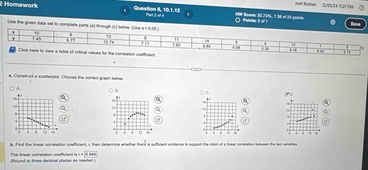 Joel Robles 12/01/24 11:27 PM
2 Homework Question 6, 10.1.12 HW Score: 30.73%, 7.38 of 24 points
Part 2 o! 4 Points: 0 of 1
Save
Use the given data set to complete parts (a) through (c) be
a. Construct a scatterplot. Choose the correct graph below
A.
B.
C.
D.
   
b. Find the linear correlation coefficient, r, then determine whether ther$ is sufficient evidence to support the claim of a linear correlation between the two variables.
The linear correlation coefficient is r=0.846
(Round to three decimal places as needed.)