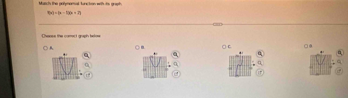 Match the polynomial function with its graph.
f(x)=(x-1)(x+2)
Choose the correct graph below 
A. 
B. C. D.