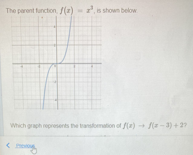 f(x)=x^3 hown below. 
Which graph represents the transformation of f(x)to f(x-3)+2 ? 
Previous