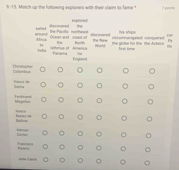 9.-15. Match up the following explorers with their claim to fame * 7 points 
explored 
sailed discovered the 
the Pacific northeast his ships 
discovered 
around Ocean and coast of circumnavigated conquered cor 
the New Pe 
Africa North World 
to the the globe for the the Aztecs 
India Isthmus of America first time the 
Panama for 
England 
Christopher 
Colombus 
Vasco de 
Gama 
Ferdinand 
Magellan 
Vasco 
Nunez de 
Balboa 
Hernan 
Cortez 
Francisco 
Pizarro 
John Cabot