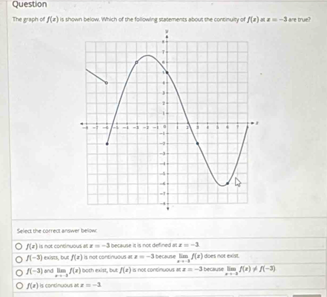 Question
The graph of f(x) is shown below. Which of the following statements about the continuity of f(x) at x=-3 are true?
Select the correct answer below:
f(x) is not continuous at x=-3 because it is not defined at x=-3
f(-3) exists, but f(x) is not continuous at x=-3 because limlimits _xto -3f(x) does not exist.
f(-3) and limlimits _xto -3f(x) both exist, but f(x) is not continuous at x=-3 because limlimits _xto -3f(x)!= f(-3)
f(x) is continuous at x=-3