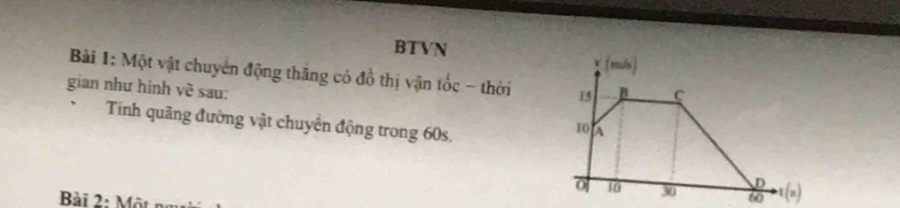 BTVN (mus) 
Bài 1: Một vật chuyển động thăng có đồ thị vận tốc - thời 15
gian như hình về sau: B C 
Tính quãng đường vật chuyển động trong 60s.
10 A
D
10 30 60
Bài 2: Một no t(n)