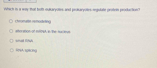 Which is a way that both eukaryotes and prokaryotes regulate protein production?
chromatin remodeling
alteration of mRNA in the nucleus
small RNA
RNA splicing