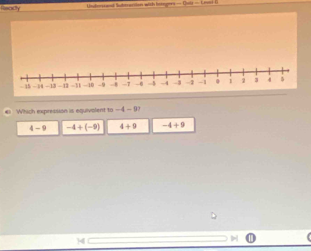 Reacty Unilerstand Subtransion with Integers— Quilz — Level G
Which expression is equivalent to -4-9 ?
4-9 -4+(-9) 4+9 -4+9