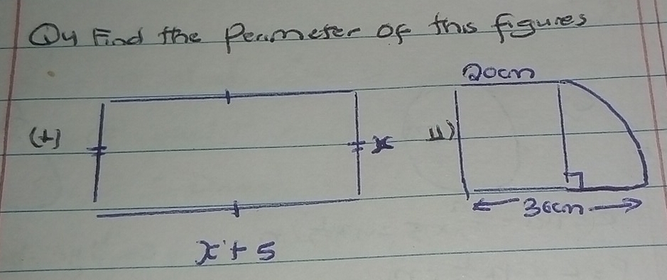 Ou Find the Permeter of this figures 
gocn 
( 4) 
u)
36cm
x+5