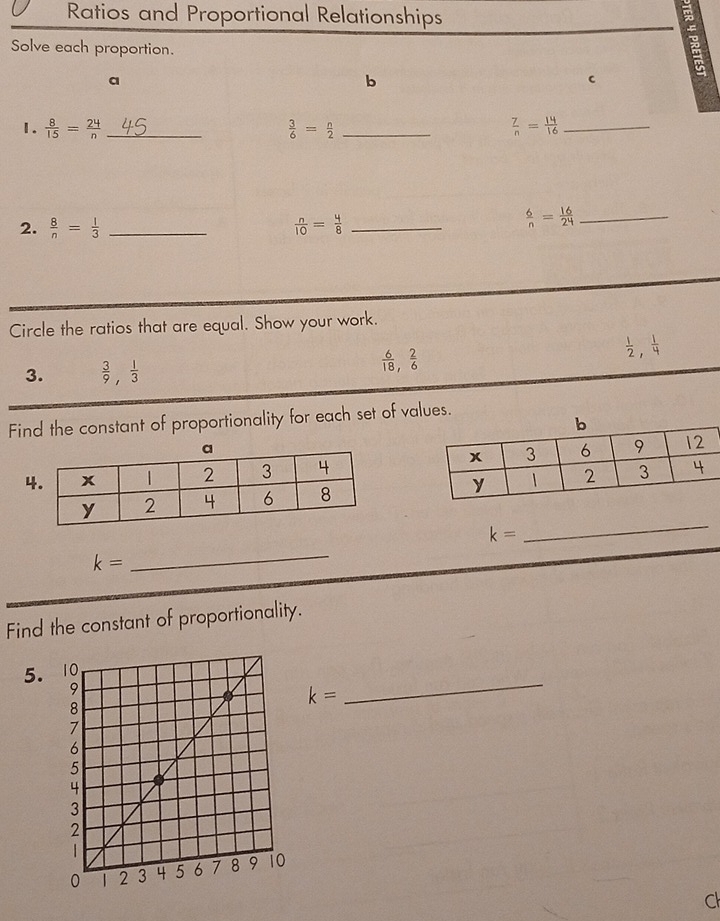 Ratios and Proportional Relationships 
Solve each proportion. 
a 
b 
C 
1.  8/15 = 24/n  _  3/6 = n/2  _  7/n = 14/16  _ 
2.  8/n = 1/3  _  n/10 = 4/8  _ 
_  6/n = 16/24 
Circle the ratios that are equal. Show your work. 
3.  3/9 ,  1/3 
 6/18 ,
 1/2 ,  1/4 
Find the constant of proportionality for each set of values. 
4 
_

k=
k=
_ 
Find the constant of proportionality. 
_ 
5.
k=