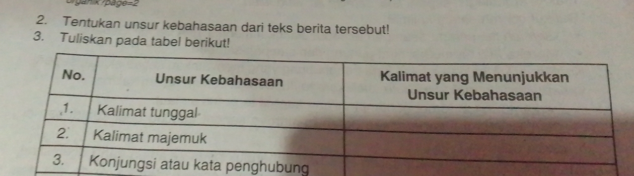 Ogan k/page=2 
2. Tentukan unsur kebahasaan dari teks berita tersebut! 
3. Tuliskan pada tabel berikut!