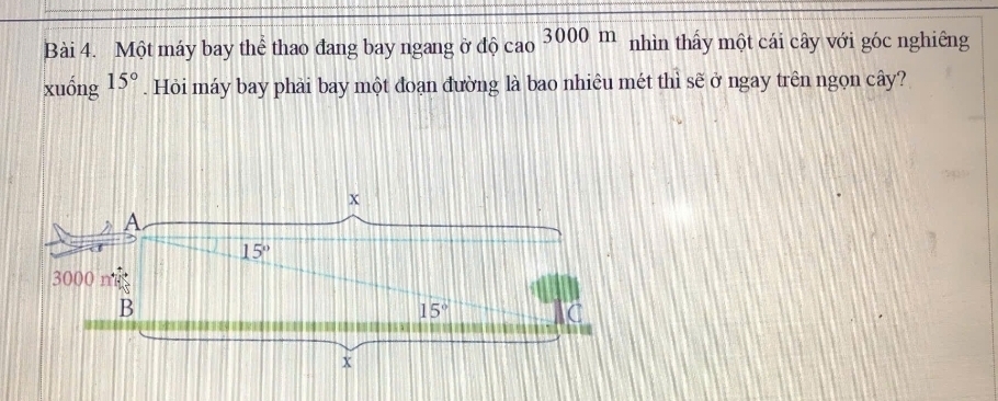 Một máy bay thể thao đang bay ngang ở độ cao 3000m nhìn thấy một cái cây với góc nghiêng 
xuống 15°. Hỏi máy bay phải bay một đoạn đường là bao nhiêu mét thì sẽ ở ngay trên ngọn cây?
x
A
15°
3000
B
15°
x