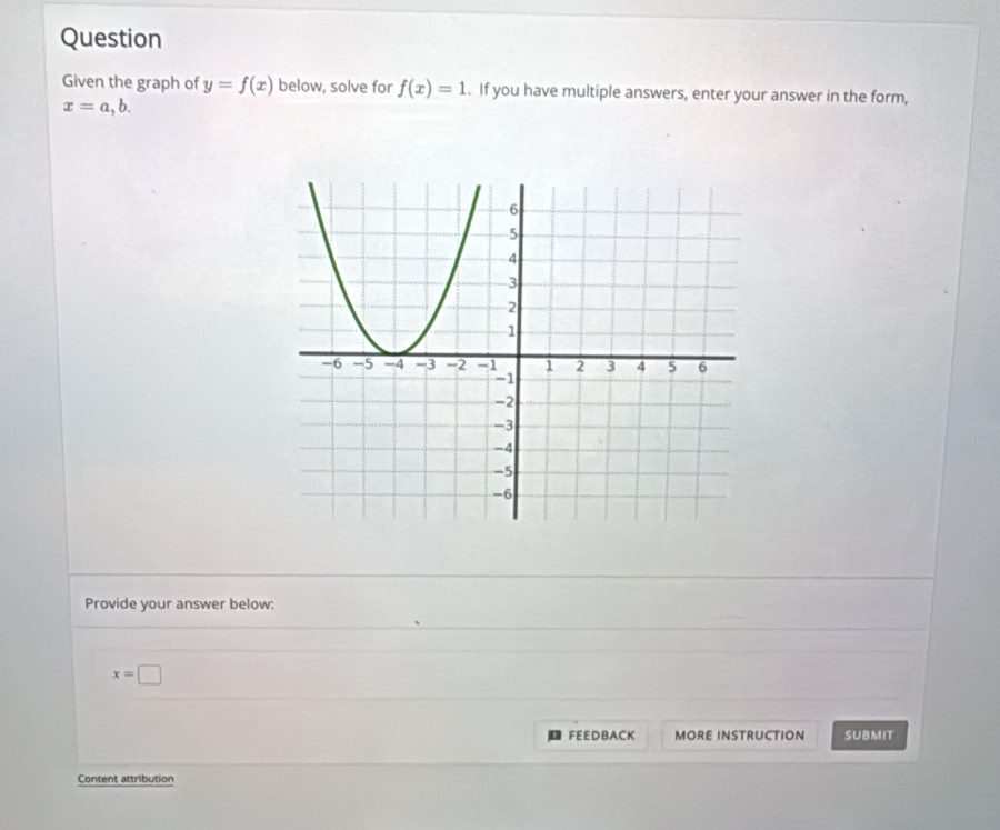 Question 
Given the graph of y=f(x) below, solve for f(x)=1. If you have multiple answers, enter your answer in the form,
x=a,b. 
Provide your answer below:
x=□
FEEDBACK MORE INSTRUCTION SUBMIT 
Content attribution