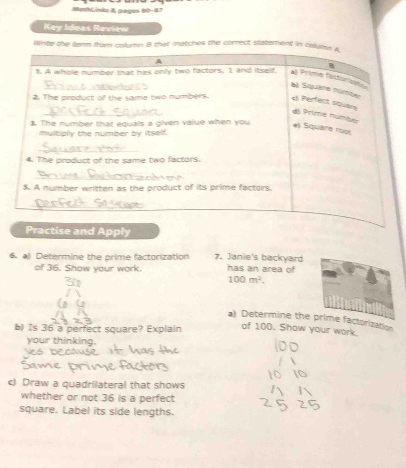 MashLinks &, pages 80-87 
Key Ideas Review 
Write the term from column B that matches the correct statement in co 
6. a) Determine the prime factorization 7. Janie's backyard 
of 36. Show your work. has an area of
100m^2. 
a) Determine the prime factorization 
b) Is 36 a perfect square? Explain 
of 100. Show your work. 
your thinking. 
c) Draw a quadrilateral that shows 
whether or not 36 is a perfect 
square. Label its side lengths.