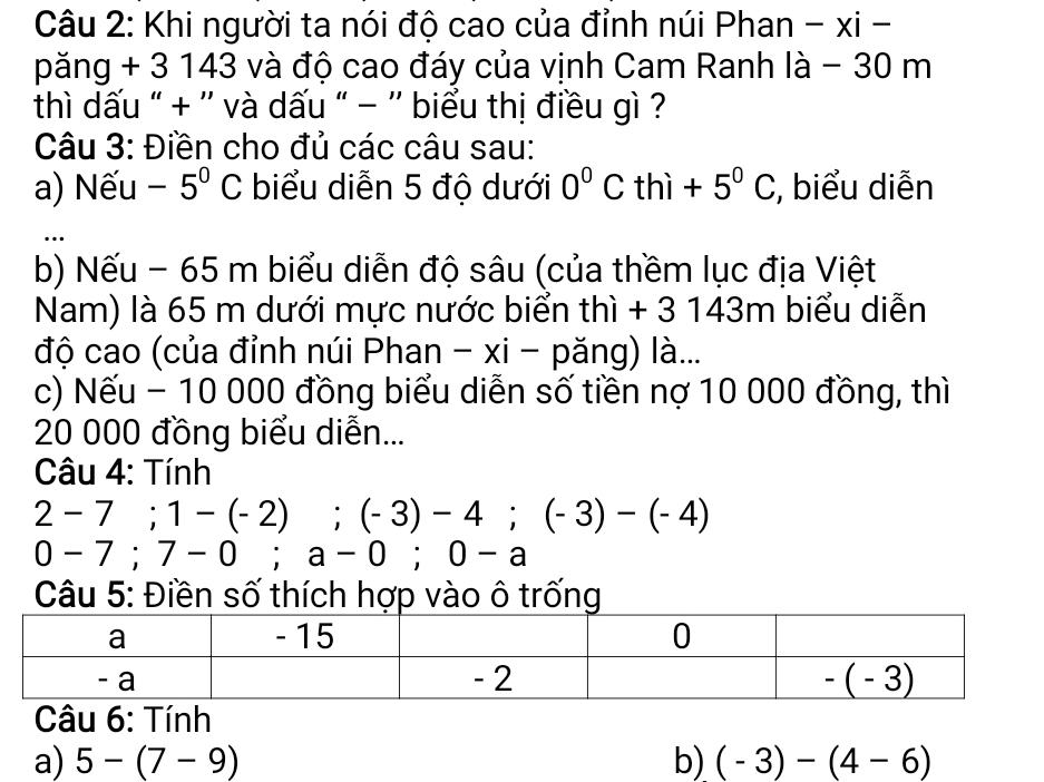 Khi người ta nói độ cao của đỉnh núi Phan - xi - 
păng + 3143 và độ cao đáy của vịnh Cam Ranh là - 30 m
thì dấu " + '' và dấu “ - '' biểu thị điều gì ? 
Câu 3: Điền cho đủ các câu sau: 
a) Nếu -5^0C biểu diễn 5 độ dưới 0°C thì +5^0C;, biểu diễn 
b) Nếu - 65 m biểu diễn độ sâu (của thềm lục địa Việt 
Nam) là 65 m dưới mực nước biển thì + 3 143m biểu diễn 
độ cao (của đỉnh núi Phan - xi - păng) là... 
c) Nếu - 10 000 đồng biểu diễn số tiền nợ 10 000 đồng, thì
20 000 đồng biểu diễn... 
* Câu 4: Tính
2-7;1-(-2); (-3)-4; (-3)-(-4)
0-7; 7-0; a-0; 0-a
Câu 5: Điền số thích hợp vào ô trống 
Câu 6: Tính 
a) 5-(7-9) b) (-3)-(4-6)