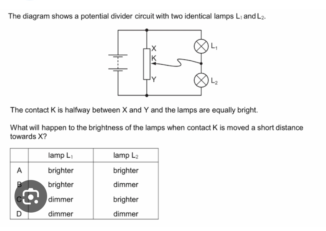 The diagram shows a potential divider circuit with two identical lamps L_1 and L_2.
The contact K is halfway between X and Y and the lamps are equally bright.
What will happen to the brightness of the lamps when contact K is moved a short distance
towards X?