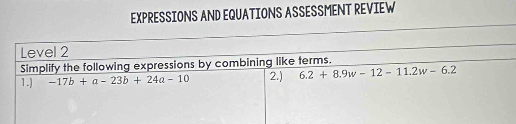 EXPRESSIONS AND EQUATIONS ASSESSMENT REVIEW