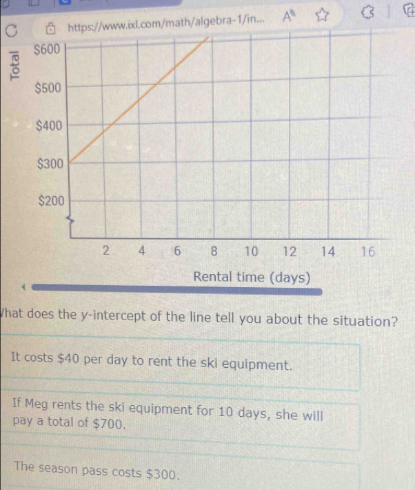 https://www.ixl.com/math/algebra-1/in... A^(□) 
。
What does the y-intercept of the line tell you about the situation?
It costs $40 per day to rent the ski equipment.
If Meg rents the ski equipment for 10 days, she will
pay a total of $700.
The season pass costs $300.