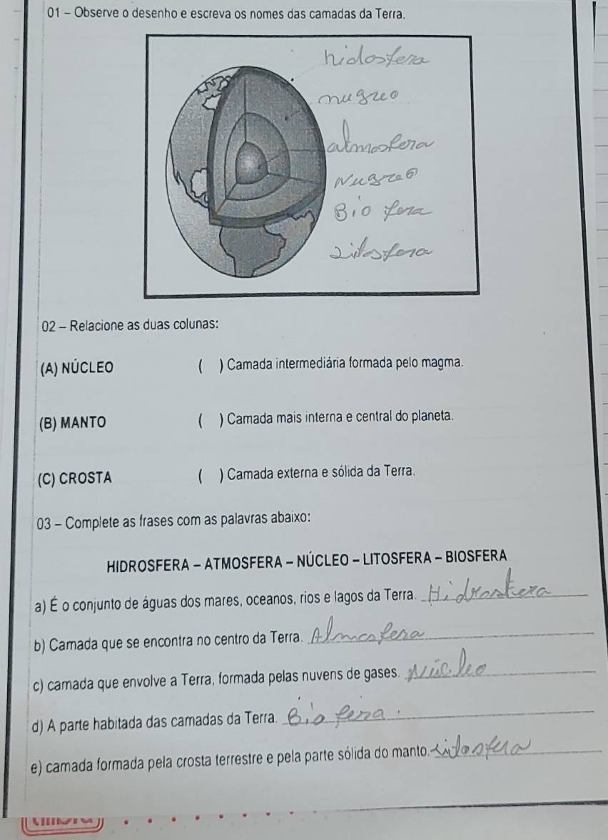 Observe o desenho e escreva os nomes das camadas da Terra. 
02 - Relacione as duas colunas: 
(A) nÚcleo  ) Camada intermediária formada pelo magma. 
(B) MANTO  ) Camada mais interna e central do planeta. 
(C) CROSTA  ) Camada externa e sólida da Terra. 
03 - Complete as frases com as palavras abaixo: 
HIDROSFERA - ATMOSFERA - NÚCLEO - LITOSFERA - BIOSFERA 
a) É o conjunto de águas dos mares, oceanos, rios e lagos da Terra._ 
b) Camada que se encontra no centro da Terra. 
_ 
c) camada que envolve a Terra, formada pelas nuvens de gases._ 
d) A parte habitada das camadas da Terra. 
_ 
e) camada formada pela crosta terrestre e pela parte sólida do manto._