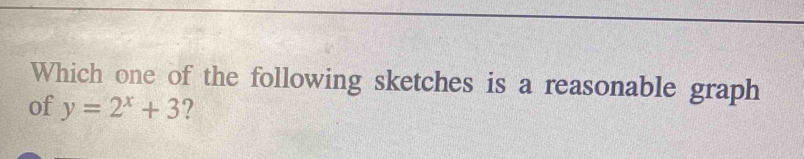Which one of the following sketches is a reasonable graph 
of y=2^x+3 ?