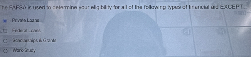 The FAFSA is used to determine your eligibility for all of the following types of financial aid EXCEPT.
Private Loans
Federal Loans
Scholarships & Grants
Work-Study