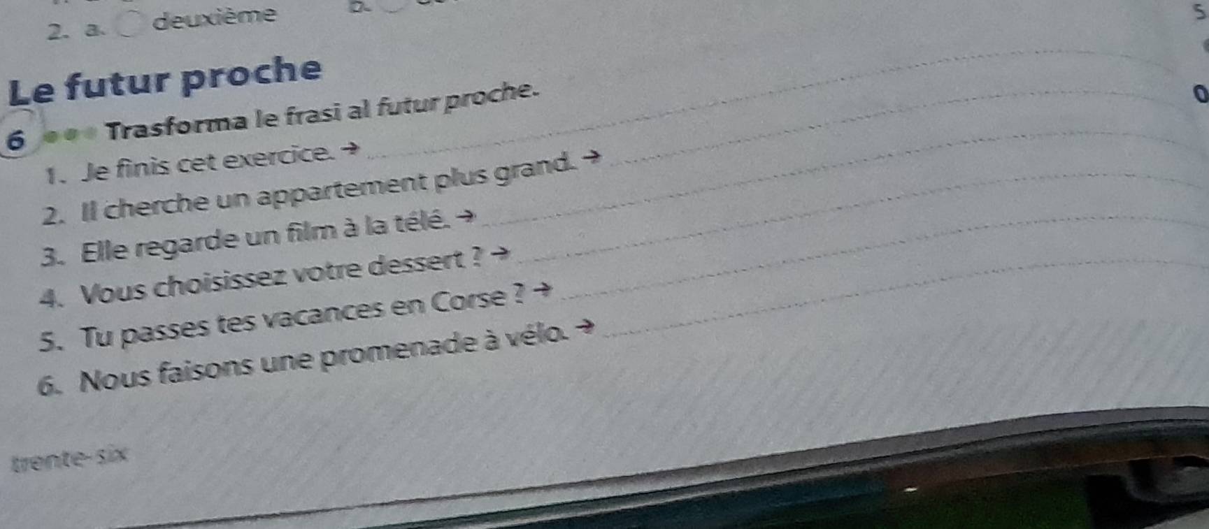 a、 deuxième 2-
5
Le futur proche
_
6 « Trasforma le frasi al futur proche._
1. Je finis cet exercice. →
_
2. Il cherche un appartement plus grand.
3. Elle regarde un film à la télé. →_
4. Vous choisissez votre dessert ? ,_
5. Tu passes tes vacances en Corse ? +
6. Nous faisons une promenade à vélo.
trente-six