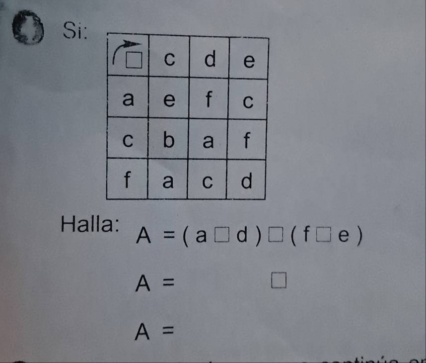 Si: 
Halla: A=(a□ d)□ (f□ e)
A=
A=