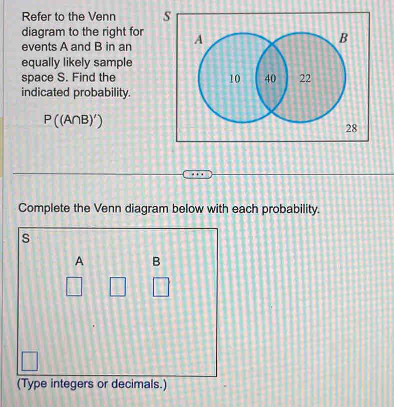 Refer to the Venn s 
diagram to the right for 
events A and B in an 
equally likely sample 
space S. Find the 
indicated probability.
P((A∩ B)')
Complete the Venn diagram below with each probability. 
s
A
B
(Type integers or decimals.)