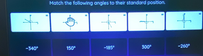 Match the following angles to their standard position.
=
=
=
=
=
-340° 150° -185° 300° -260°