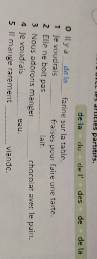 articles partitifs. 
de la du de l' des de de la 
0 Il y a __de la__ farine sur la table. 
1 Je voudrais _fraises pour faire une tarte. 
2 Elle ne boit pas _lait. 
3 Nous adorons manger _chocolat avec le pain. 
4 Je voudrais _eau. 
5 Il mange rarement _viande.