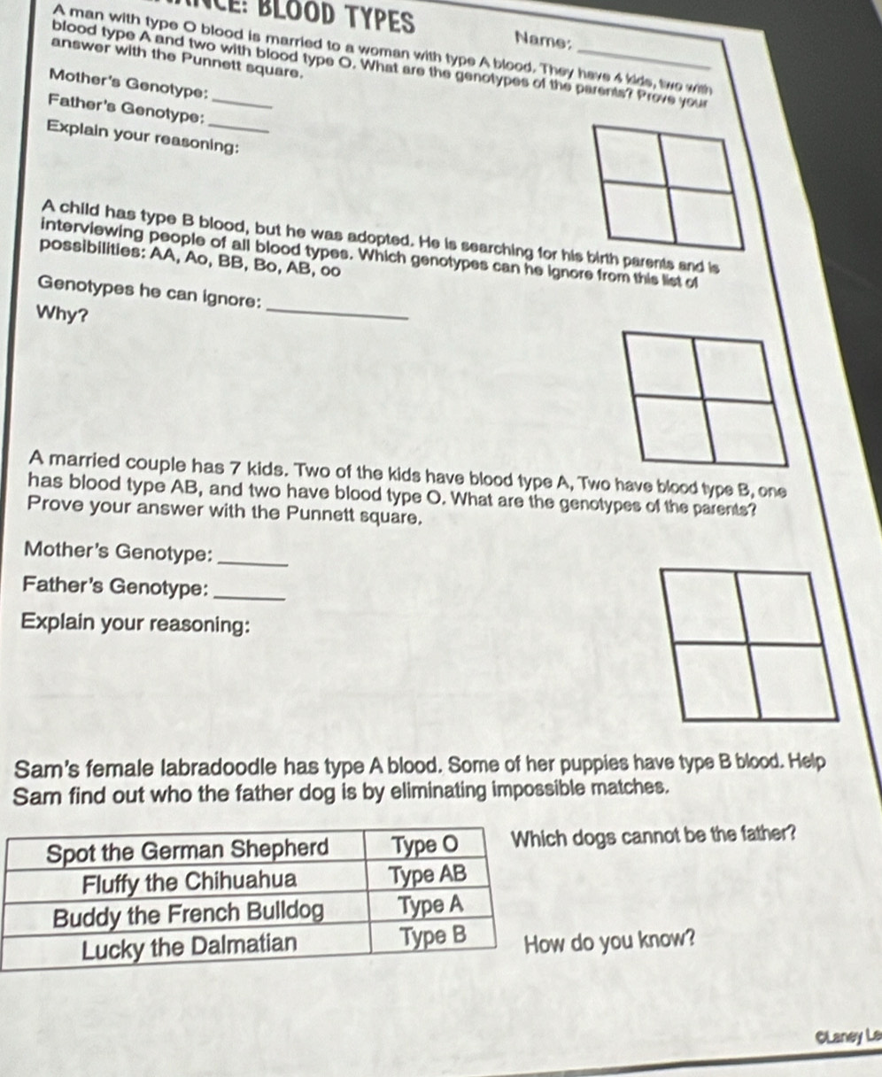 NCE: BLOOD TYPES Name: 
A man with type O blood is married to a woman with type A blood. They have 4 kids, two with 
answer with the Punnett square. 
blood type A and two with blood type O. What are the genotypes of the parents? Prove your 
Mother's Genotype: 
Father's Genotype:_ 
Explain your reasoning: 
A child has type B blood, but he was adopted. He is searching for his birth parents and is 
interviewing people of all blood types. Which genotypes can he ignore from this list of 
possibilities: AA, Ao, BB, Bo, AB, oo 
Genotypes he can ignore: 
Why? 
_ 
A married couple has 7 kids. Two of the kids have blood type A, Two have blood type B, one 
has blood type AB, and two have blood type O. What are the genotypes of the parents? 
Prove your answer with the Punnett square. 
Mother's Genotype:_ 
Father's Genotype:_ 
Explain your reasoning: 
Sam's female labradoodle has type A blood. Some of her puppies have type B blood. Help 
Sam find out who the father dog is by eliminating impossible matches. 
dogs cannot be the father? 
do you know? 
CLaney Le