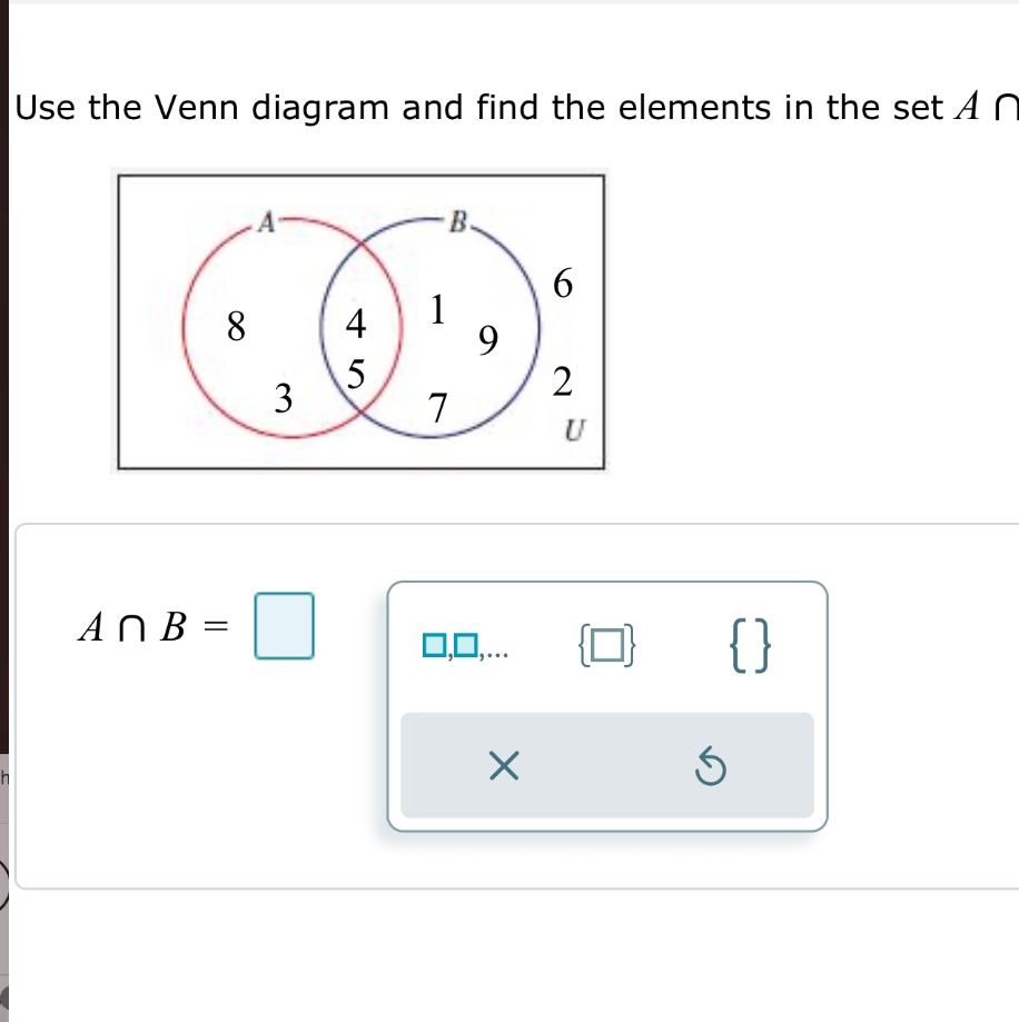 Use the Venn diagram and find the elements in the set A ∩
A∩ B=□
□ 
×
5