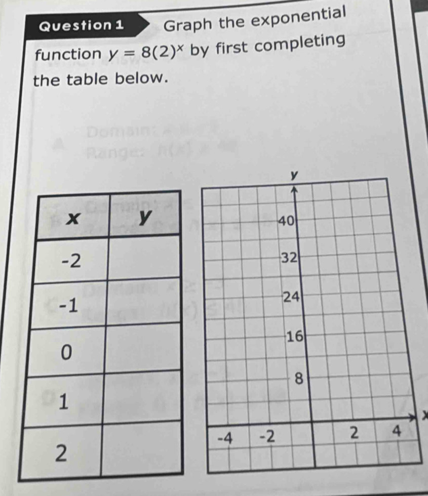 Graph the exponential 
function y=8(2)^x by first completing 
the table below.