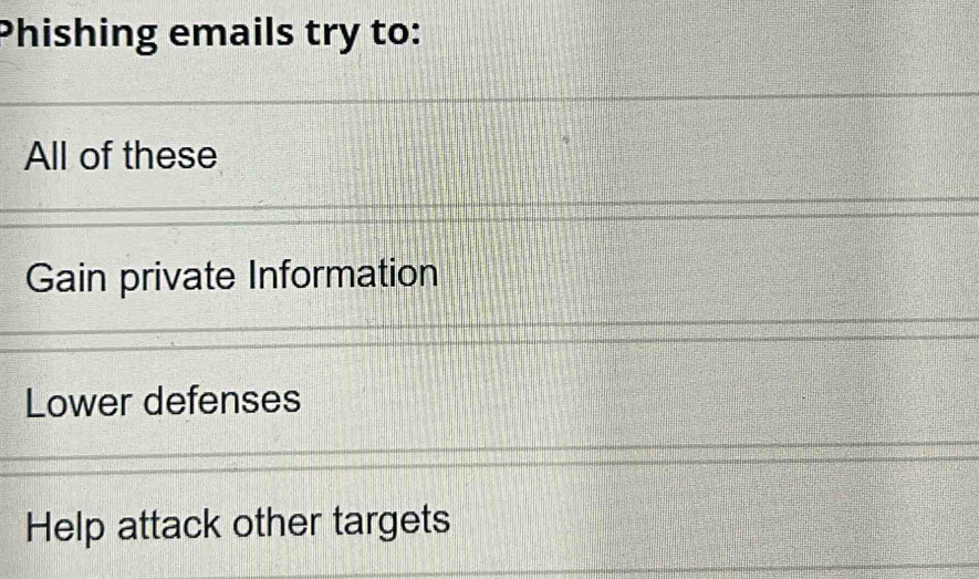 Phishing emails try to:
All of these
Gain private Information
Lower defenses
Help attack other targets