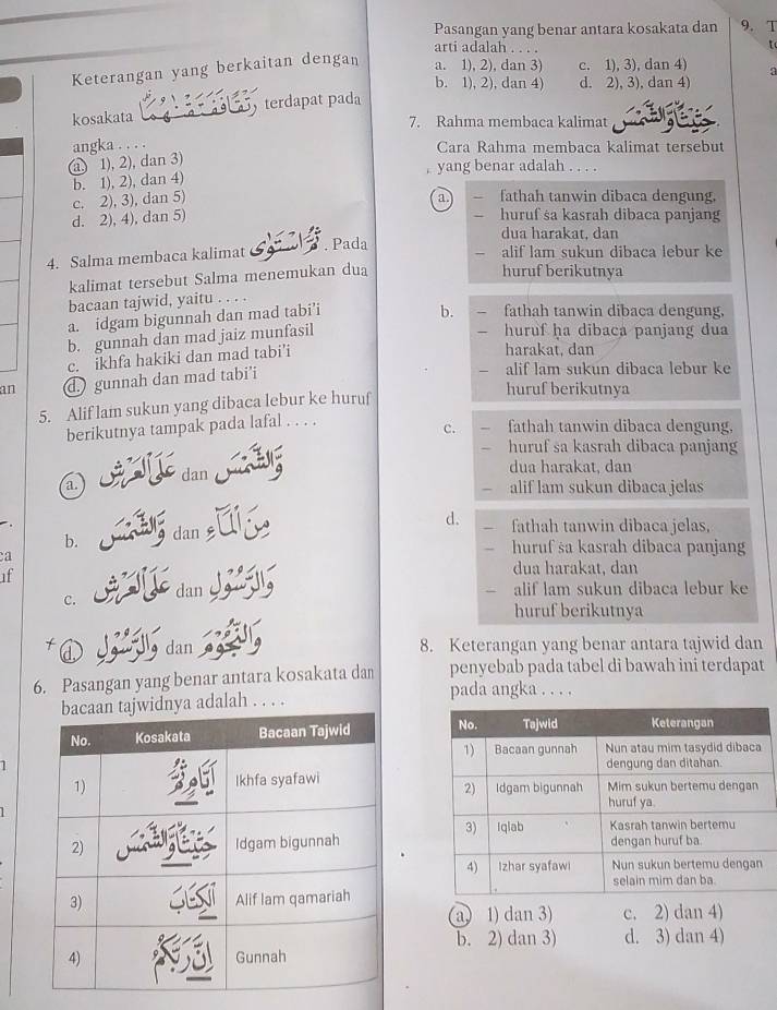 Pasangan yang benar antara kosakata dan 9. T
arti adalah . . . .
t
Keterangan yang berkaitan dengan a. 1), 2), dan 3) c. 1), 3), dan 4) a
b. 1), 2), dan 4) d. 2), 3), dan 4)
kosakata  terdapat pada
7. Rahma membaca kalimat
a 1), 2), dan 3) angka . . . . Cara Rahma membaca kalimat tersebut
yang benar adalah . . . .
b. 1), 2), dan 4)
c. 2), 3), dan 5)
d. 2), 4), dan 5) a. - fathah tanwin dibaca dengung.
huruf sa kasrah dibaca panjang
dua harakat, dan
4. Salma membaca kalimat . Pada
alif lam sukun dibaca lebur ke
kalimat tersebut Salma menemukan dua
huruf berikutnya
bacaan tajwid, yaitu . . . .
a. idgam bigunnah dan mad tabi’i
b. fathah tanwin dibaca dengung.
b. gunnah dan mad jaiz munfasil
huruf ha dibaca panjang dua
c. ikhfa hakiki dan mad tabi’i
harakat, dan
an d. gunnah dan mad tabi’i
— alif lam sukun dibaca lebur ke
5. Alif lam sukun yang dibaca lebur ke huruf
huruf berikutnya
berikutnya tampak pada lafal . . . .
c. fathah tanwin dibaca dengung,
huruf sa kasrah dibaca panjang
dan dua harakat, dan
a. alif lam sukun dibaca jelas
b. dan gǎ l á
d. fathah tanwin dibaca jelas,
huruf sa kasrah dibaca panjang
a
of
C. * dan J  My
dua harakat, dan
alif lam sukun dibaca lebur ke
huruf berikutnya
d Jaw lo dan 8. Keterangan yang benar antara tajwid dan
6. Pasangan yang benar antara kosakata dan penyebab pada tabel di bawah ini terdapat
alah . . . .
pada angka . . . .
 
l
(a) 1) dan 3) c. 2) dan 4)
b. 2) dan 3) d. 3) dan 4)