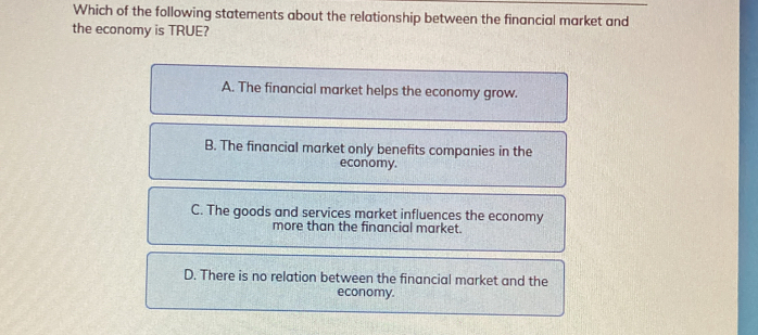 Which of the following statements about the relationship between the financial market and
the economy is TRUE?
A. The financial market helps the economy grow.
B. The financial market only benefits companies in the
economy.
C. The goods and services market influences the economy
more than the financial market.
D. There is no relation between the financial market and the
economy.