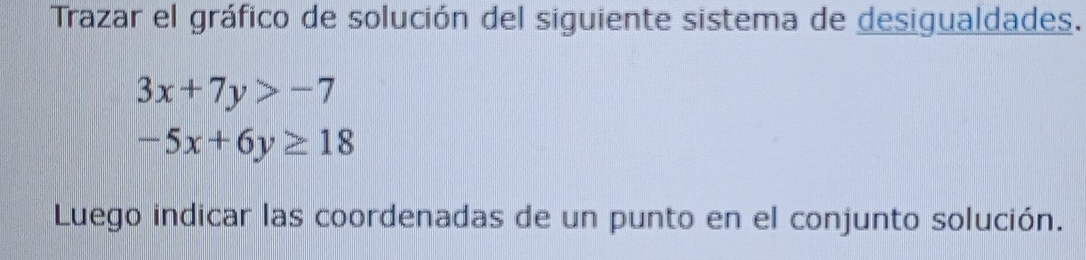Trazar el gráfico de solución del siguiente sistema de desigualdades.
3x+7y>-7
-5x+6y≥ 18
Luego indicar las coordenadas de un punto en el conjunto solución.