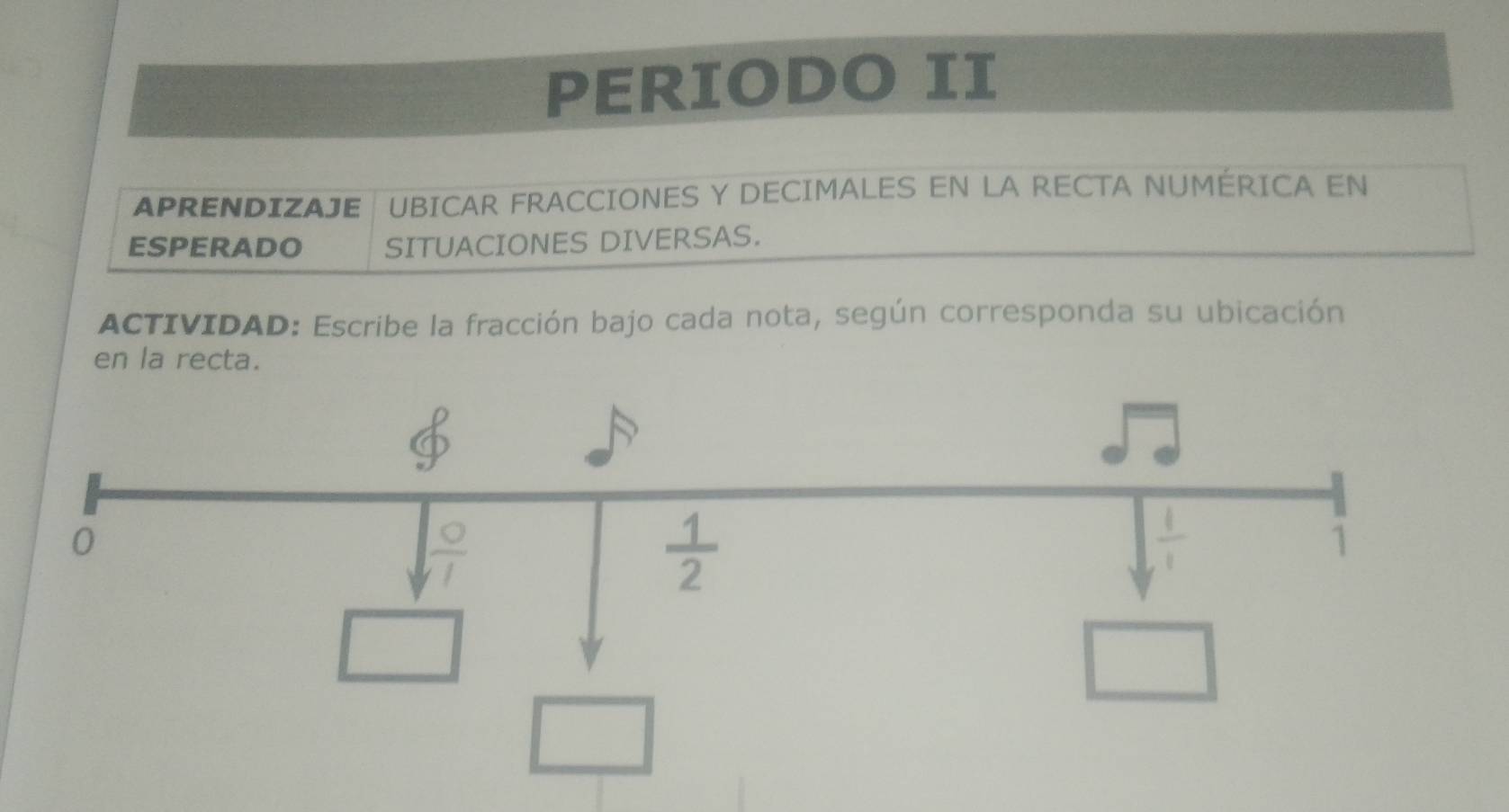 PERIODO II
APRENDIZAJE *   UBICAR FRACCIONES Y DECIMALES EN LA RECTA NUMÉRICA EN
ESPERADO SITUACIONES DIVERSAS.
ACTIVIDAD: Escribe la fracción bajo cada nota, según corresponda su ubicación
en la recta.