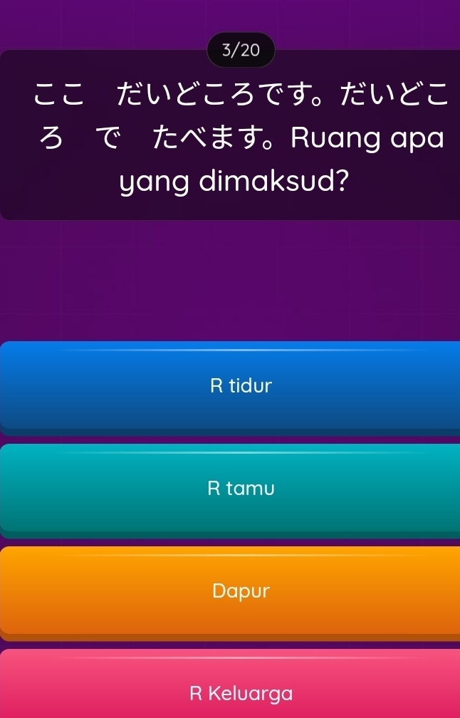 3/20
ここ だいどころです。 だいどこ
ろ で たべます。Ruang apa
yang dimaksud?
R tidur
R tamu
Dapur
R Keluarga