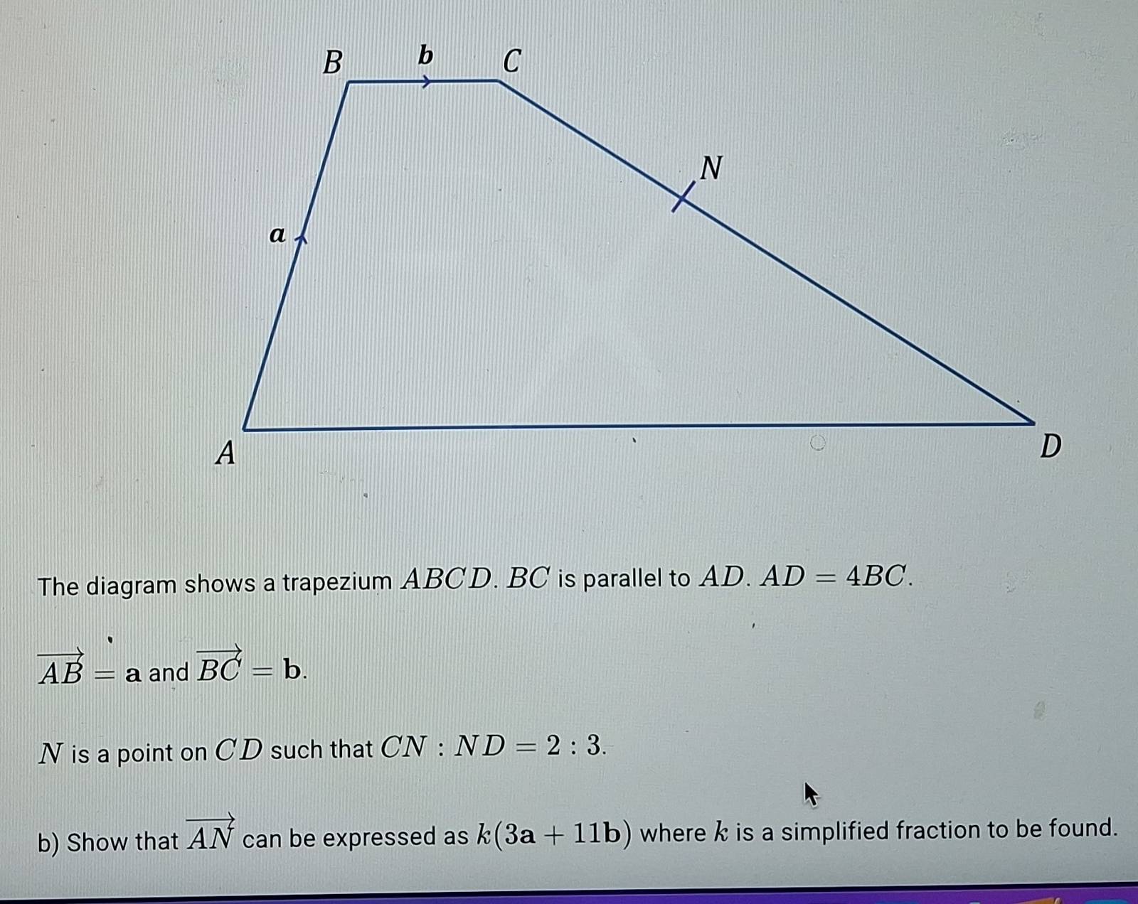 Solved: The diagram shows a trapezium ABCD. BC is parallel to AD. AD ...
